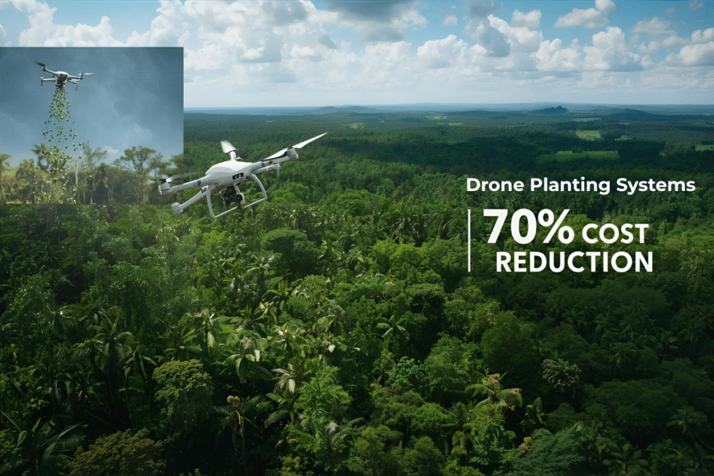 A white drone flies over a lush green forest, releasing seed pods to restore ecosystems. Text overlay reads: “drone planting systems – 70% cost reduction.