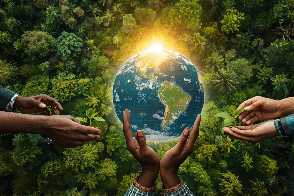 Global forest with planet tools’ 2025 reforestation directory on a digital globe, diverse hands planting trees, linked to directory.
