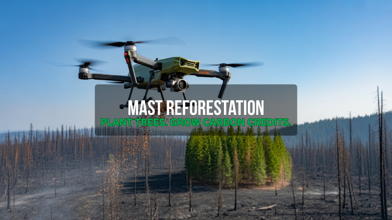 Mast reforestation drone planting native species in a wildfire-affected forest in the american west.