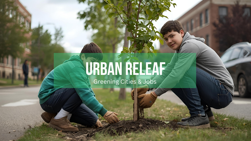 Logo for urban releaf, a reforestation platform that plants trees in california cities and provides green job training for youth.