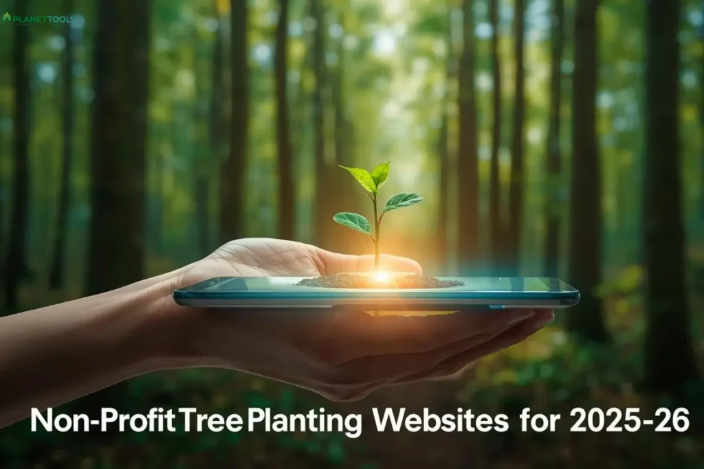 A hand holds a sapling growing from a tablet, symbolizing how planettools guides you to the best non-profit tree planting websites to restore forests.