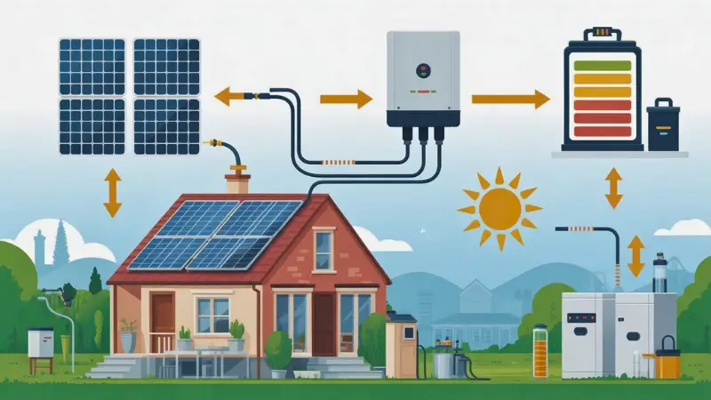 Active solar energy system diagram showing electricity generation and distribution