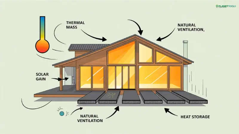 Passive solar home design diagram showing natural heating and cooling principles