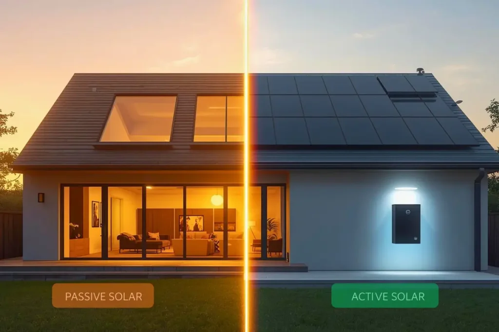 A modern house split to show passive solar design vs. Active solar technology, illustrating the key difference between the two systems.