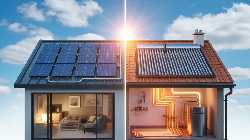 Side-by-side comparison of solar photovoltaic (electricity) and solar thermal (heat) systems on a residential roof.