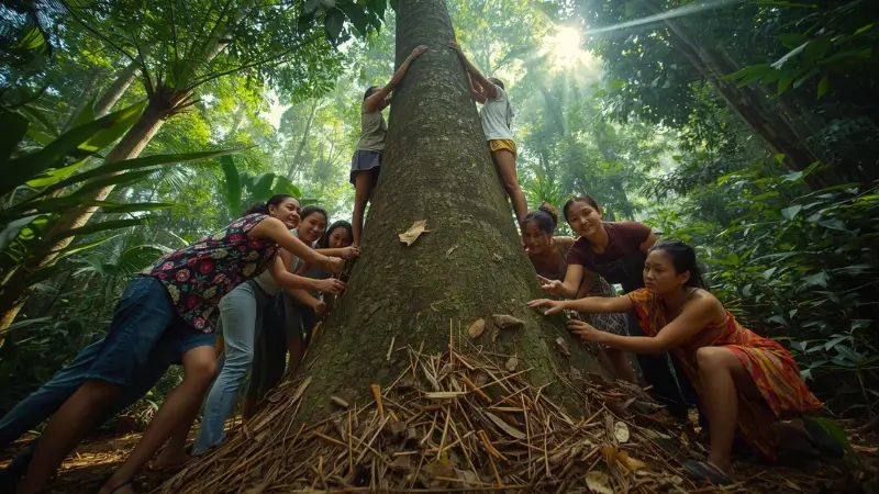 A diverse group of women leading a tree planting in a tropical rainforest, reflecting the community-focused and feminine-led approach of non-profit treesisters. - non-profit tree planting websites