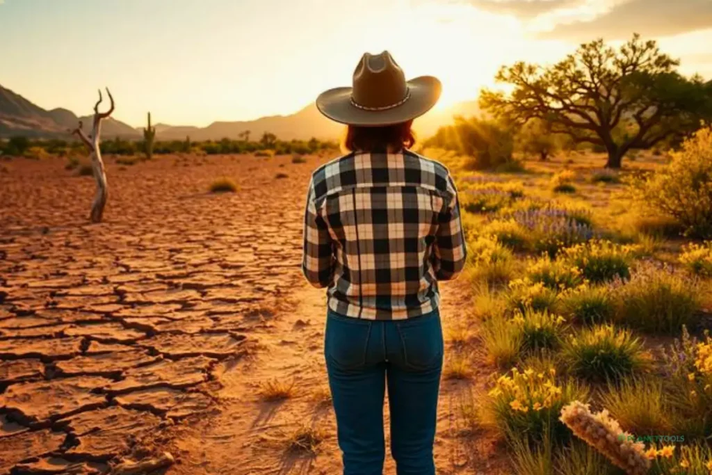 A split-view of a desert ranch showing degraded land next to restored land with native grasses and mesquite trees, illustrating ecological transformation.