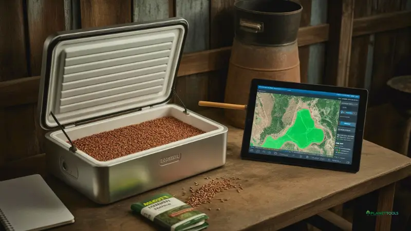 Portable seed cold storage unit and a tablet showing a digital mapping software used for planning native plant restoration on a ranch.