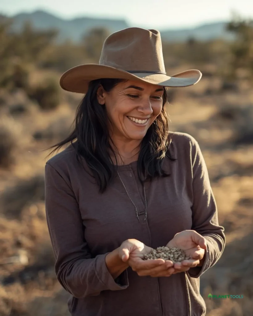 Portrait of rancher maria lopez holding native seeds in her successfully restored field near tucson.