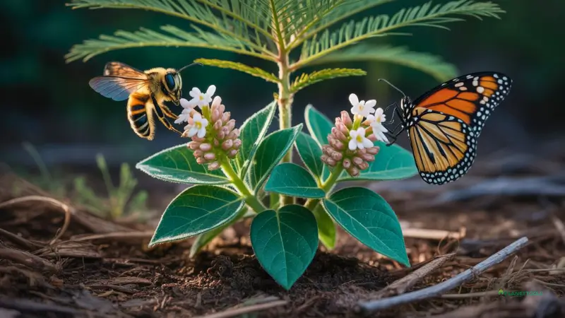 Close-up of a thriving tepary bean plant and mesquite tree, with pollinators, showcasing the restored desert ecosystem.