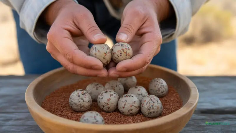Close-up of hands making clay seed balls filled with native seeds for desert restoration planting. - native seed banks