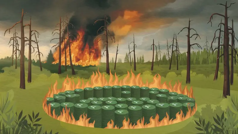 Illustration of carbon credit buffer pool protecting against fire and risks in reforestation