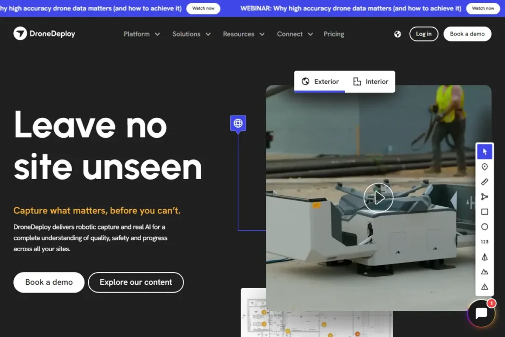 DroneDeploy website interface highlighting drone technology for site monitoring and data capture