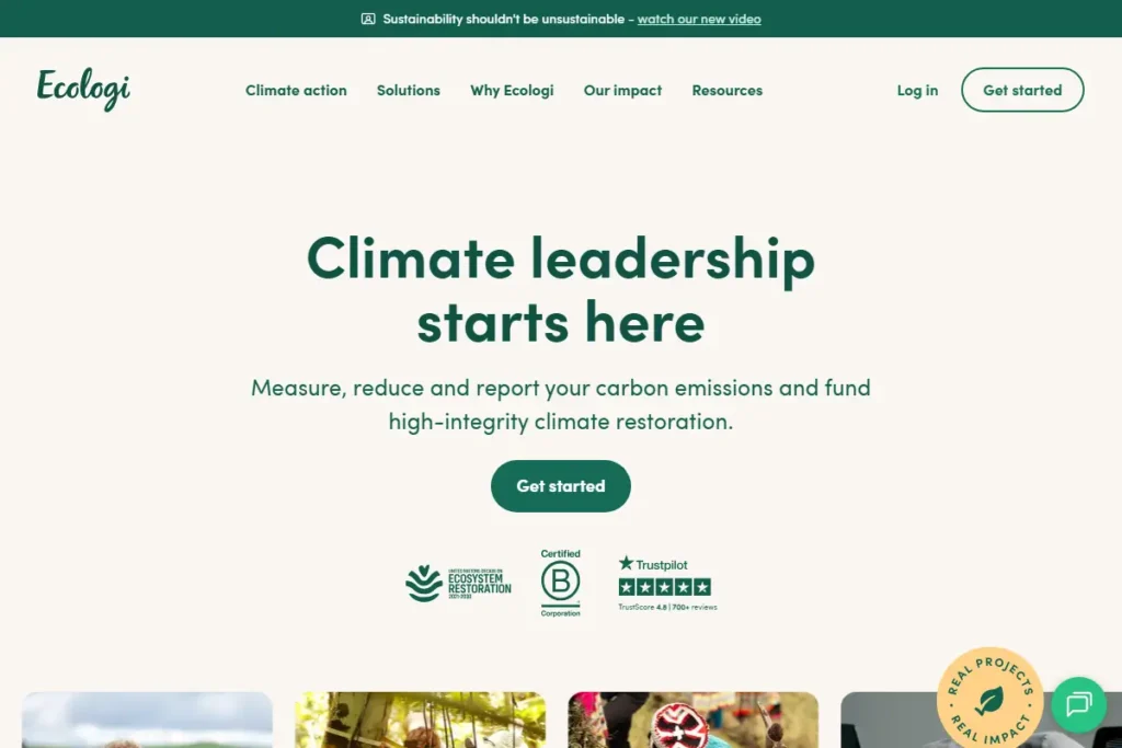 Ecologi homepage showing climate leadership and carbon restoration tools