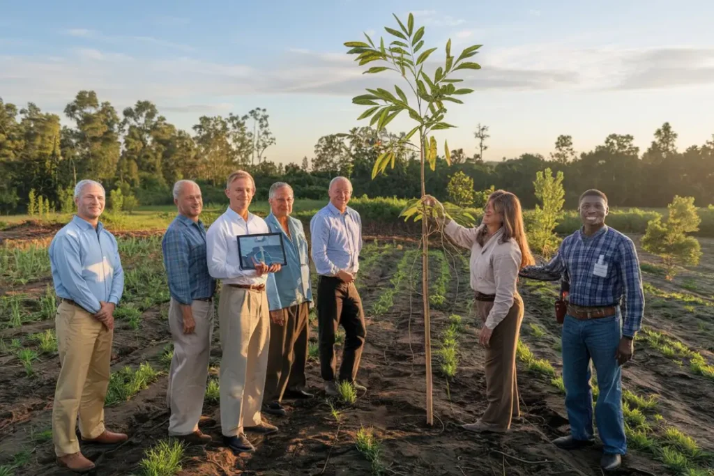 Independent experts auditing a reforestation project with satellite maps and on-ground checks for carbon credit verification