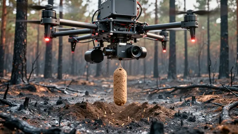 Industrial reforestation drone dropping a seed pod into post-fire soil- drones vs hand-planting