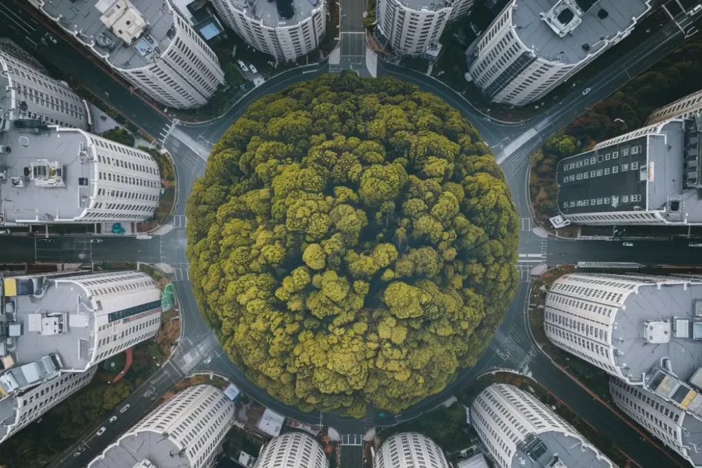 Aerial view of a dense Miyawaki method mini forest growing on urban land completely surrounded by city buildings and roads in 2026