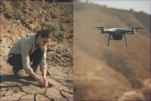 A field worker plants a single sapling by hand on dry cracked soil while an agricultural drone drops a biodegradable seed pod over the same degraded terrain — showing the real difference between traditional and drone tree planting in 2026