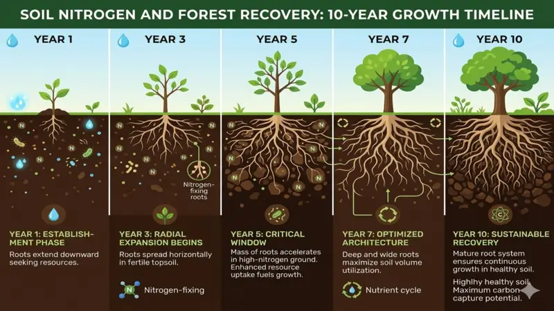 Illustration showing the critical 10-year growth window where nitrogen has the highest impact on tree development.