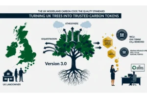 The perfected UK Woodland Carbon Code Version 3.0 infographic, detailing how UK landowners generate verified Pending Issuance Units (PIUs) and Woodland Carbon Units (WCUs) for corporate emissions reporting, with a geographically accurate map and corrected text labels.